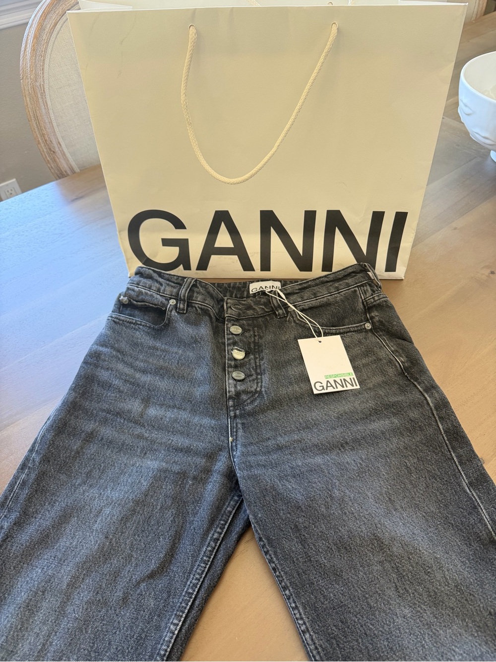Ganni High-Rise Button-Fly Jeans in Washed Black